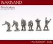 Six metallic miniature figures of a hairy, upright humanoid creature in various dynamic poses, standing on two legs. Text at top reads "Pendraken Miniatures" and "Warband." Text at bottom reads "FAN-MON39 - Yetis."