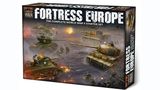 A box for the "Fortress Europe" starter set for the Flames Of War wargame prominently displays the title in bold, distressed lettering. The artwork features a dynamic battlefield scene with American and German forces, including tanks and soldiers engaged in combat. The background showcases a smoky, war-torn landscape, enhancing the theme of World War II wargaming.