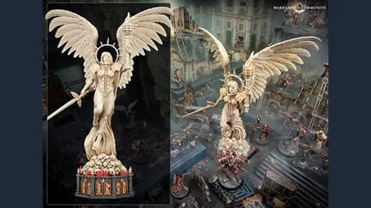The image features a striking shrine statue of an angelic figure with large, detailed wings and a sword, standing atop a base adorned with skulls and intricate designs. The statue is presented in two views: one close-up showcasing its ornate features and another wider shot that places it within a detailed tabletop gaming setting, surrounded by various miniatures and terrain elements. The overall color scheme is predominantly light, emphasizing the statue's ethereal quality against the darker, chaotic backdrop of the game environment.