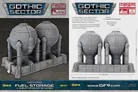 A detailed model of a fuel storage facility featuring two large, spherical tanks supported by cylindrical pillars, all set on a rectangular base. The structure is painted in shades of gray, with various pipes and mechanical details adding to its industrial look. Accompanying text indicates it is part of the Gothic Sector range, designed for tabletop gaming and ready for immediate use.