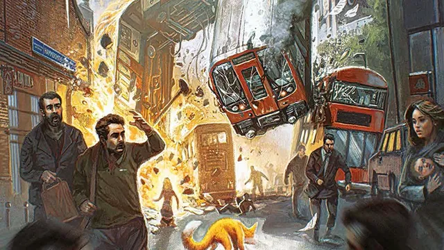 A chaotic urban street scene with a red double-decker bus and a subway train suspended in mid-air, flames erupting from the ground. Several people in modern and period clothing are scattered across the street, some running, others standing in shock. A fox with glowing eyes walks in the foreground. Buildings with brick facades and a London Underground sign are visible in the background. The text at the top reads "Underground, Overground The Case File Collection" and at the bottom "Based on the novels by Ben Aaronovitch". The top left corner includes the text "Rivers of London the Roleplaying Game".