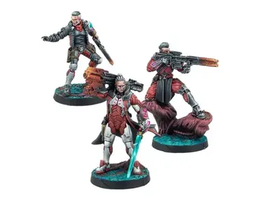 A trio of miniatures from the Combined Army Action Pack features three distinct characters, each posed dynamically on circular bases. The first figure, on the left, is dressed in a tactical outfit with a cybernetic arm and holds a weapon. The central figure, clad in a sleek, armored suit, wields a glowing sword and has a determined expression. The third figure, on the right, is dressed in a long coat and aims a futuristic rifle, showcasing a blend of human and alien enhancements. The bases are detailed with a textured surface, enhancing the sci-fi theme.
