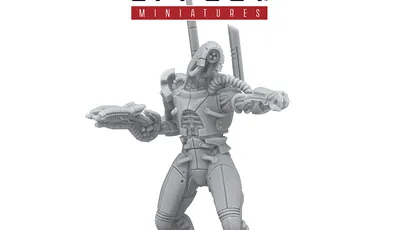 A detailed gray resin miniature from the Mass Effect universe stands on a circular black base, depicting a humanoid figure with a sleek, armored design. The figure features intricate mechanical details, including visible joints and a raised arm holding a weapon, suggesting a combat-ready stance. The Mass Effect logo is prominently displayed at the top, along with the Modiphius Entertainment branding at the bottom.
