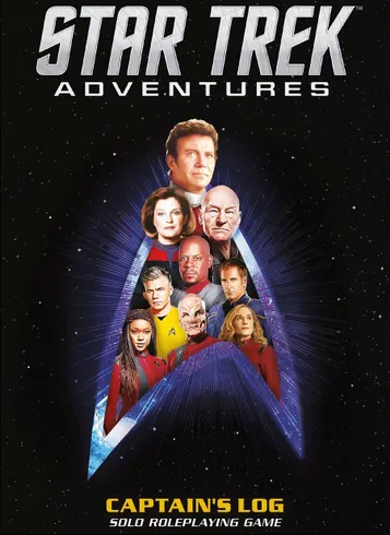 A starfield background with the text "STAR TREK ADVENTURES" at the top. Below, a group of nine characters from Star Trek are arranged in a triangular formation. The characters are from various series and include both human and alien figures, all wearing Starfleet uniforms or other recognizable attire. The arrangement is set against a glowing, triangular warp trail effect.