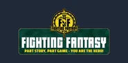 The image features the logo of "Fighting Fantasy," prominently displayed against a dark background. The logo includes the initials "FF" in bold, stylized letters, surrounded by a circular emblem that incorporates a sword and a figure, symbolizing adventure and heroism. Below the logo, the tagline reads, "PART STORY, PART GAME - YOU ARE THE HERO!" in large, white letters, emphasizing the interactive nature of the series. The overall color scheme combines green, gold, and white, creating a striking visual impact.
