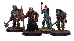 A group of four detailed miniatures representing classic adventurer character classes. On the left, a knight in armor holds a shield, followed by a robed figure with a book and staff. The third figure is a female illusionist in a blue dress with a staff, and on the right, a rugged fighter brandishes a sword. Each miniature is mounted on a round base with grass detailing.