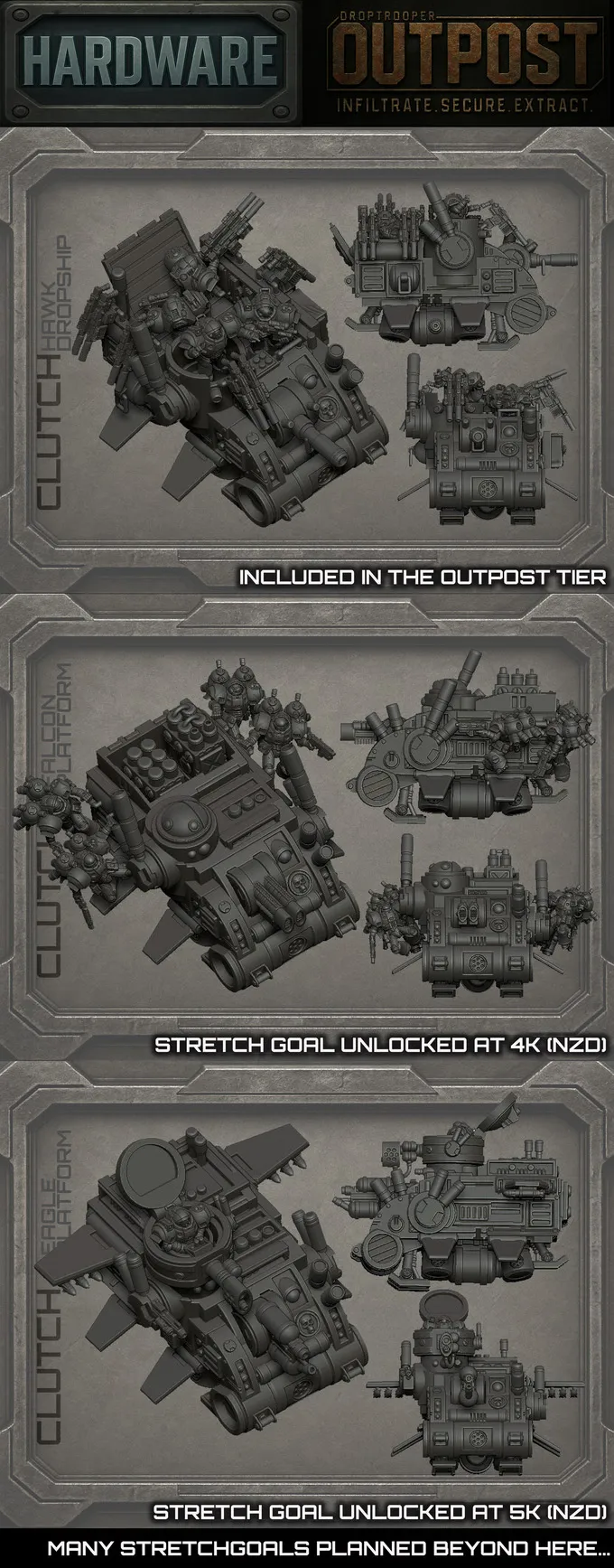 Two detailed 3D models of sci-fi vehicles from the CLUTCH faction are displayed against a textured gray background. The top model features a compact design with various mechanical components and a prominent turret, while the bottom model has a more rounded shape with multiple attachments and a cockpit-like structure. Text at the bottom indicates that stretch goals have been unlocked at 4K and 5K NZD, with additional stretch goals planned.