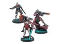 A trio of miniatures from the Combined Army Action Pack features three distinct characters, each posed dynamically on circular bases. The first figure, on the left, is dressed in a tactical outfit with a cybernetic arm and holds a weapon. The central figure, clad in a sleek, armored suit, wields a glowing sword and has a determined expression. The third figure, on the right, is dressed in a long coat and aims a futuristic rifle, showcasing a blend of human and alien enhancements. The bases are detailed with a textured surface, enhancing the sci-fi theme.