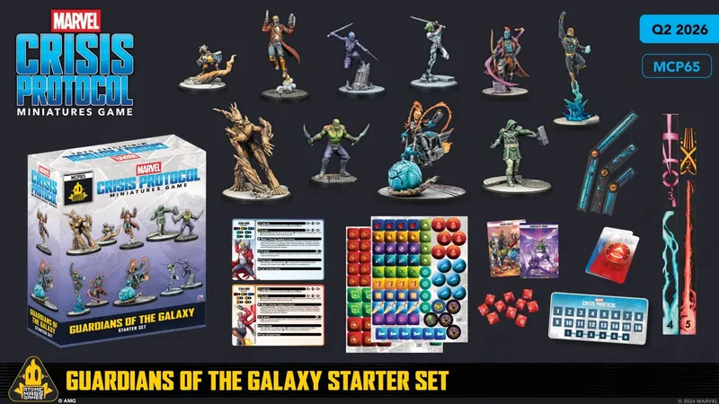 The image showcases the "Guardians of the Galaxy Starter Set" for the Marvel: Crisis Protocol Miniatures Game, prominently displayed in the center. Surrounding the box are several detailed miniatures, including characters like Star-Lord, Groot, and Rocket Raccoon, each on individual bases. Additionally, there are character cards and tokens laid out, featuring various stats and abilities, enhancing the gameplay experience.