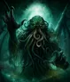 Green tentacled creature with glowing eyes and raised hands in a dark, misty setting.