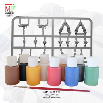 A collection of nine bottles of water-based acrylic paints in various colors, including black, white, dark green, mid blue, bright red, golden yellow, leather brown, bright gold, and chain mail, is displayed in the foreground. Behind the paint bottles is a sprue containing two Viridian Interdicts Marines, showcasing various miniature parts. A high-quality synthetic brush is positioned in front of the paint bottles, emphasizing the set's painting essentials.