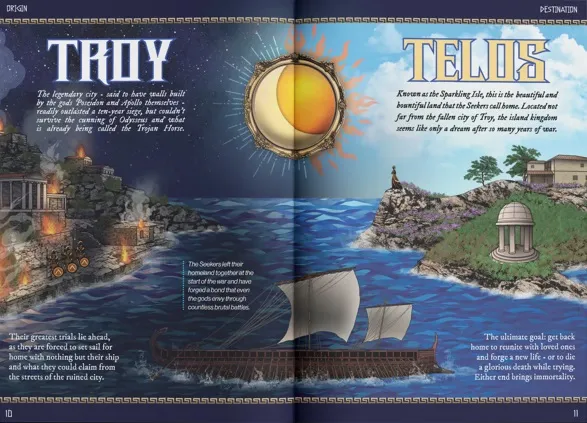 Large, stylized gold letters spelling "TROY" on the left and "TELD" on the right, with the "Y" in "TROY" and the "E" in "TELD" sharing a circular design. The circle features a glowing sun partially obscured by a stylized Trojan Horse head in silhouette. Below the text, a split-scene illustration shows two contrasting landscapes.

On the left, a fortified city with high walls and towers burns under a dark, cloudy sky. Flames rise from buildings near the water. A wooden horse stands on the shore, and a ship with furled sails is visible in the distance.

On the right, a peaceful coastal scene under a bright blue sky with scattered clouds. Rolling green hills with purple flowers lead down to a calm sea. A small temple or shrine sits on a cliff overlooking the water, and three ships with white sails approach the shore.