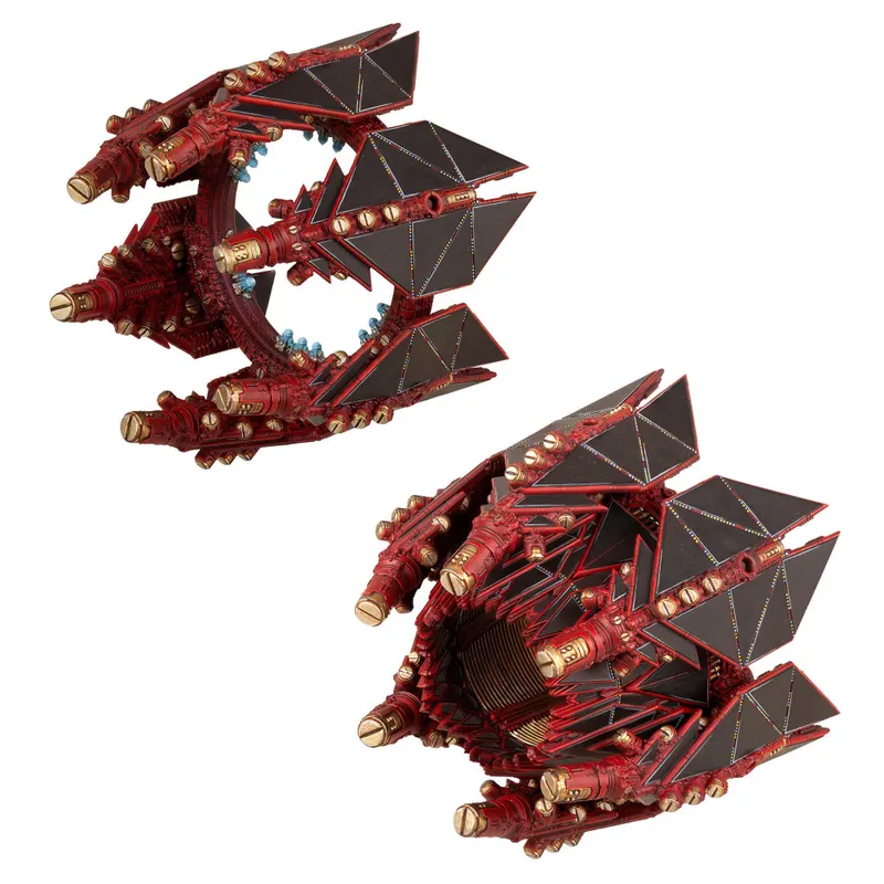 Two red and gold spaceship models with black wings and detailed parts.