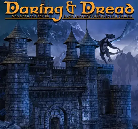 Dark fantasy castle with arched entryway, stone walls, and battlements. A dragon perched on the right tower. Text reads: "Castle Engine by Darrin Drader."