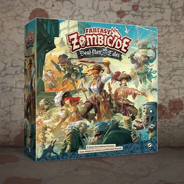 A colorful game box for "Zombicide: Dead Men Tales" features a dynamic scene of pirate characters battling against zombie hordes. The artwork showcases various pirates wielding weapons, with zombies emerging from the background, set against a backdrop of a coastal town and ships. The title is prominently displayed at the top, along with the names of the game designers.
