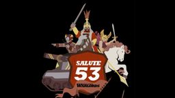 A stylized illustration features a diverse group of characters, including a warrior with a sword, a woman with wings, and a figure on horseback, all set against a black background. Prominently displayed is a red shield with the text "SALUTE 53" in bold white letters, along with the words "SOUTH LONDON WARLORDS" at the bottom. The characters are depicted in a dynamic pose, suggesting action and excitement for the event.