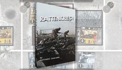 A game box for "RATTENKRIEG!" features a dramatic black-and-white image of two soldiers navigating through a war-torn landscape, emphasizing the game's focus on the Battle of Stalingrad. The title "RATTENKRIEG!" is prominently displayed in bold, white letters at the top, with the designer's name, Gottardo Zancanni, listed below. In the background, various game components, including counters and maps, are partially visible, hinting at the game's intricate mechanics and immersive experience.