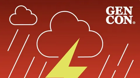 Red background with white clouds, rain, and a yellow lightning bolt. Text: "GEN CON"