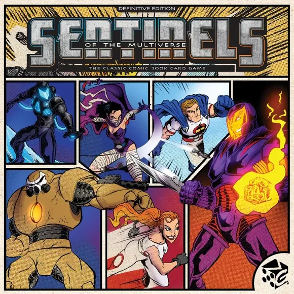 A colorful comic-style illustration features a group of six characters from the game "Sentinels of the Multiverse." The characters are depicted in dynamic poses, showcasing a mix of heroes and villains, with vibrant colors highlighting their unique costumes and powers. The title "SENTINELS of the Multiverse" is prominently displayed at the top, along with the subtitle "THE CLASSIC COMIC BOOK CARD GAME," emphasizing the game's comic book roots.