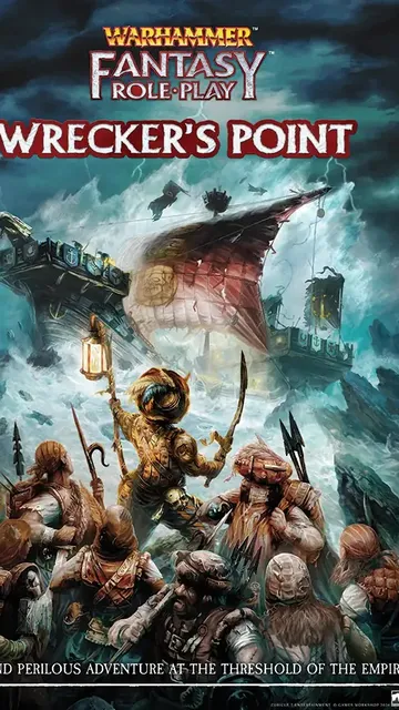 A group of armored warriors on a stormy battlefield, one holding a lantern aloft. A damaged ship with a red flag bearing a skull and crossbones flies overhead. Text at bottom reads: "GRIM AND PERILOUS ADVENTURE AT THE THRESHOLD OF THE EMPIRE."