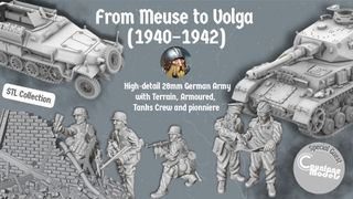 A collection of detailed 28mm German army miniatures and vehicles is showcased, featuring a half-tracked armoured personnel carrier alongside various soldiers in dynamic poses, equipped with weapons like the MG34 and Mauser K98. The background includes a textured wall of bricks, enhancing the historical context. The text highlights the campaign title "From Meuse to Volga (1940-1942)" and mentions the STL collection for 3D printing.