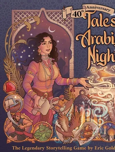 A richly illustrated cover for the "40th Anniversary Tales of the Arabian Nights" board game features a woman in traditional attire, holding a magical lamp that emits swirling wisps of light. Surrounding her are various fantastical elements, including mythical creatures like a griffin and a dragon, as well as iconic symbols from the Arabian Nights tales. The title is prominently displayed in an ornate font, with the text "The Legendary Storytelling Game by Eric Goldberg" at the bottom.