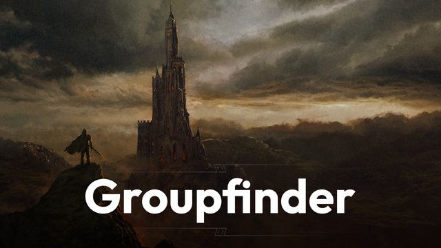 A dark, atmospheric landscape features a towering, gothic castle with intricate spires and a foreboding presence, set against a backdrop of ominous clouds and distant hills. The color palette is dominated by muted grays and browns, enhancing the sense of mystery and adventure. The word "Groupfinder" is prominently displayed in bold, white text at the bottom, suggesting a connection to the theme of exploration and discovery in tabletop role-playing games.