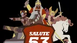 A stylized graphic features a large, bold shield with the text "SALUTE 53" and "SOUTH LONDON WARLORDS" prominently displayed. Behind the shield, a tank and various figures, including knights on horseback and a warrior with a sword, are depicted in a dynamic arrangement. The phrase "SOUND THE CHARGE!" is boldly written at the bottom, emphasizing the theme of action and excitement.
