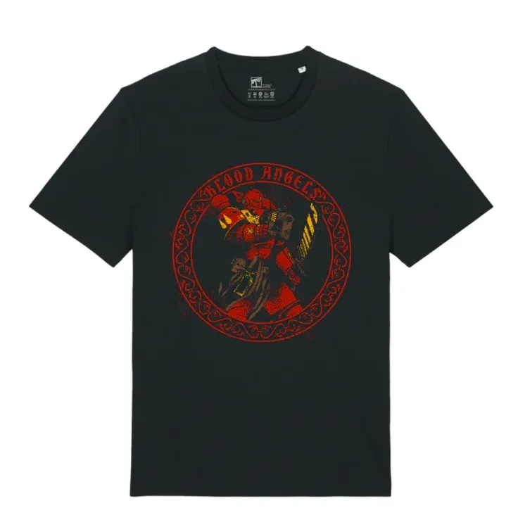 Black t-shirt with red circular graphic of armored figure and text "BLOOD ANGELS"
