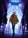 A person with long white hair, wearing a yellow jacket with green straps, black pants, and boots, walks away down a futuristic, dimly lit corridor lined with glowing blue panels and silhouetted figures.