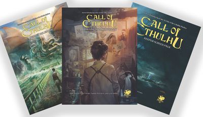 The image features two books from the 50th Anniversary Collectable Slipcase Set for Call of Cthulhu. On the left, the "Investigator Handbook" showcases a character with a backdrop of mysterious images and documents, while the right side displays the "Keeper Screen Pack," featuring a dark, atmospheric cover with a lighthouse and ominous sea. Both books are adorned with the Chaosium logo, emphasizing their connection to the Cthulhu mythos.