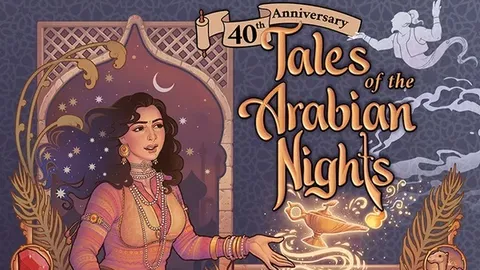 A richly illustrated cover for the "40th Anniversary Tales of the Arabian Nights" board game features a woman in traditional attire, holding a magical lamp that emits swirling wisps of light. Surrounding her are various fantastical elements, including mythical creatures like a griffin and a dragon, as well as iconic symbols from the Arabian Nights tales. The title is prominently displayed in an ornate font, with the text "The Legendary Storytelling Game by Eric Goldberg" at the bottom.