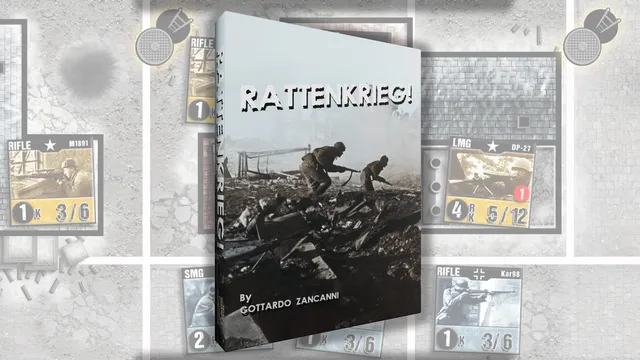 A game box for "RATTENKRIEG!" features a dramatic black-and-white image of two soldiers navigating through a war-torn landscape, emphasizing the game's focus on the Battle of Stalingrad. The title "RATTENKRIEG!" is prominently displayed in bold, white letters at the top, with the designer's name, Gottardo Zancanni, listed below. In the background, various game components, including counters and maps, are partially visible, hinting at the game's intricate mechanics and immersive experience.