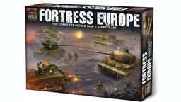 A box for the "Fortress Europe" starter set for the Flames Of War wargame prominently displays the title in bold, distressed lettering. The artwork features a dynamic battlefield scene with American and German forces, including tanks and soldiers engaged in combat. The background showcases a smoky, war-torn landscape, enhancing the theme of World War II wargaming.