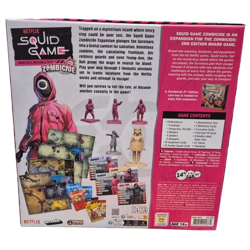 The back of a board game box for "Squid Game Zombicide 2nd Edition." The box is predominantly pink with black and white text. On the left side, there is a large illustration of a character in a pink hooded jumpsuit with a black circle on the hood and a white circle around it, holding a large knife. Below this character, there are four smaller figures: three in pink hooded jumpsuits and one in a beige dress.

The text on the box includes:
- "NETFLIX Squid Game Miniatures, Missions & Tiles"
- "ZOMBICIDE 2nd Edition"
- Descriptions and details about the game, including the contents and age recommendation (14+).
- "SQUID GAME ZOMBICIDE IS AN EXPANSION FOR THE ZOMBICIDE: 2ND EDITION BOARD GAME."
- "A Zombicide 2nd Edition core box is needed to enjoy this expansion."
- Game contents list including miniatures, cards, tokens, and a rulebook.
- Age recommendation and playtime: "14+", "60+"
- Barcode