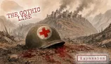 Worn medic helmet with red cross, text "THE GOTHIC LINE", ruined buildings, mountains