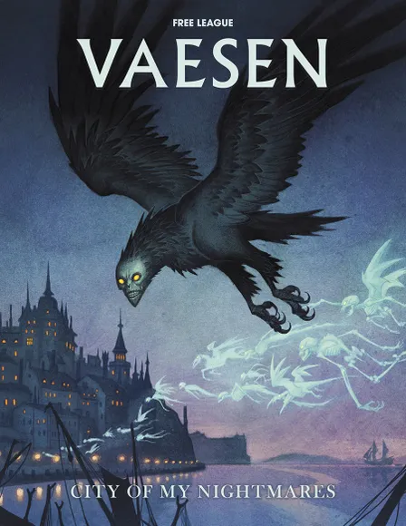 A large, ominous black bird with glowing yellow eyes soars through a twilight sky, its wings spread wide. Below, a dark silhouette of a Gothic cityscape features pointed towers and intricate architecture, hinting at a mysterious atmosphere. Ethereal, ghostly figures appear to float in the air, enhancing the eerie tone of the scene, while the title "VAESEN" is prominently displayed at the top.