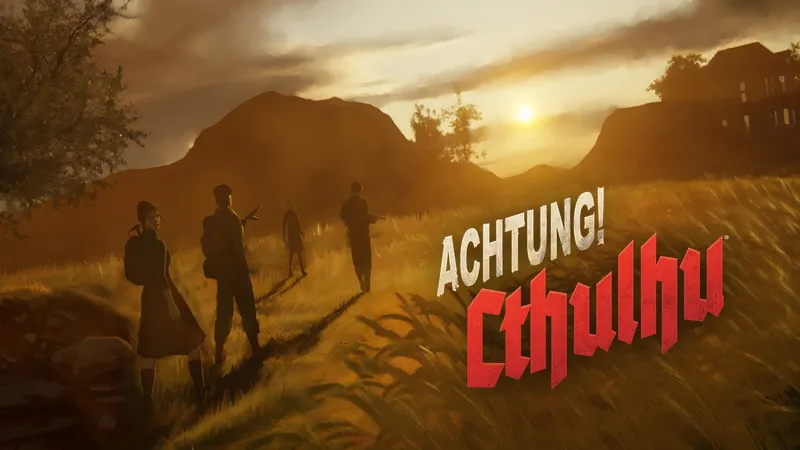 A silhouette of a figure walking along a path in a grassy landscape, with rolling hills and a sunset in the background, casting a warm glow. The title "ACHTUNG! Cthulhu" is prominently displayed in bold, stylized red and silver lettering at the bottom of the image. The overall atmosphere suggests a blend of adventure and mystery, fitting the themes of the game.