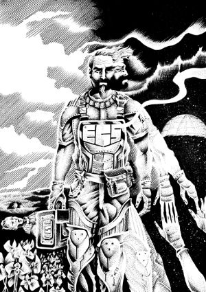 A rugged space explorer stands prominently in the foreground, wearing a detailed, futuristic suit adorned with various gadgets and tools. His expression is serious, and he holds a device in one hand, while the other reaches toward a ghostly, skeletal hand emerging from the ground. The background features a stark contrast of dark and light, with swirling clouds and a distant planet, creating an eerie atmosphere that complements the themes of horror and existential dread.