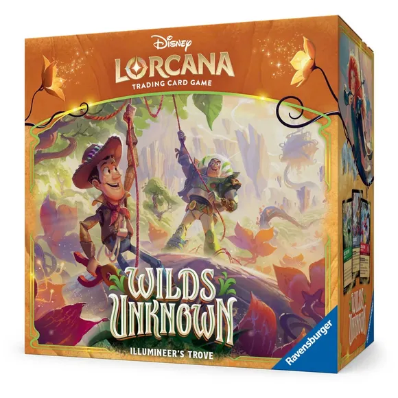 A colorful box for the Disney Lorcana Trading Card Game expansion titled "Wilds Unknown," featuring characters from Toy Story, Buzz Lightyear and Woody, depicted in a vibrant, adventurous landscape filled with lush greenery and fantastical elements. The title "WILDS UNKNOWN" is prominently displayed at the center, with the subtitle "ILLUMINEER'S TROVE" below it. The box design includes whimsical details and a logo for Ravensburger, enhancing the adventurous theme of the set.
