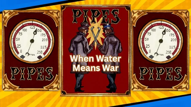 The image features the title "Pipes" prominently displayed in bold letters, flanked by two vintage-style illustrations of men in top hats and long coats, each holding a pipe. The background is a vibrant yellow with radiating lines, enhancing the dynamic feel of the design. Below the title, the phrase "When Water Means War" is centered, adding a thematic touch to the overall artwork. On either side, there are circular gauges labeled "WATER," suggesting a connection to the game's plumbing theme.
