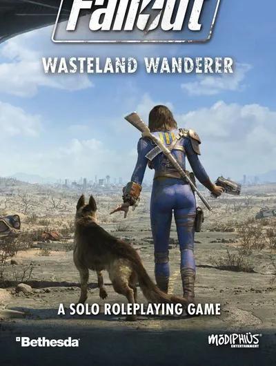 A lone vault dweller stands with their back to the viewer, gazing out over a desolate wasteland, accompanied by a dog. The character is dressed in a blue jumpsuit with a yellow stripe, equipped with a rifle slung across their back and a pistol in hand. In the background, a ruined cityscape is visible under a cloudy sky, emphasizing the post-apocalyptic setting. The text "A SOLO ROLEPLAYING GAME" is prominently displayed at the bottom.