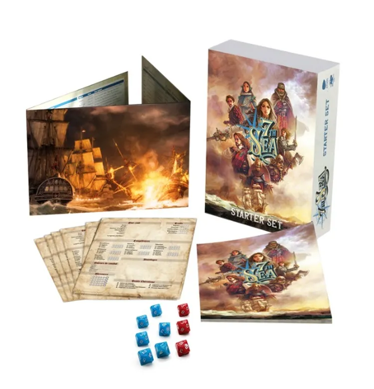 A 7th Sea Starter Set is displayed, featuring a box with vibrant artwork depicting characters from the game, including a woman in armor and several adventurers. The set includes a Game Master screen with a dramatic image of a ship in flames, several character sheets, and a collection of dice in red and blue. The overall presentation highlights the game's swashbuckling theme and provides essential materials for new players to begin their adventures in the world of Theah.