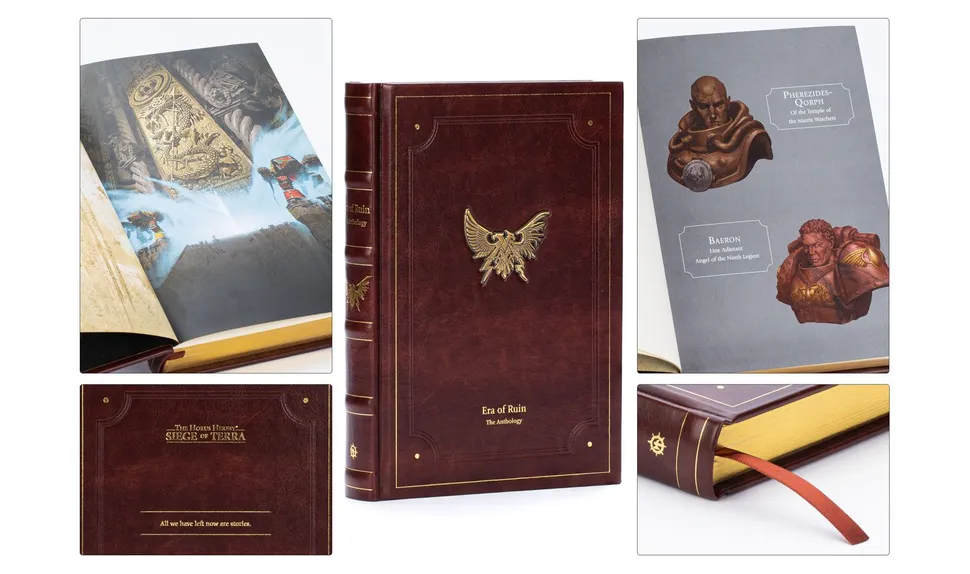 A special edition hardcover book titled "Era of Ruin: The Anthology" features a rich red faux-leather cover adorned with a prominent gold emblem of an eagle. The book showcases intricate debossed details and gold gilt page edges, along with a ribbon bookmark. Surrounding the book are images of its interior, displaying full-color artwork and a quote that reads, "All we have left now are stories."