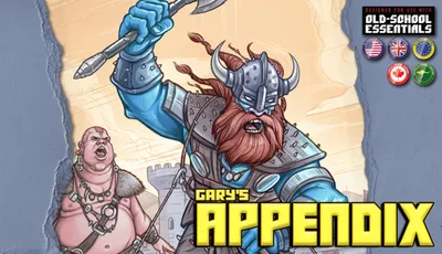 A muscular giant with a long red beard and a horned helmet wields a large weapon, showcasing a fierce expression. He is dressed in armor adorned with spikes and is set against a light-colored background that suggests a fantasy landscape. The title "GARY'S APPENDIX" is prominently displayed at the bottom in bold yellow letters, accompanied by icons indicating its compatibility with Old-School Essentials.