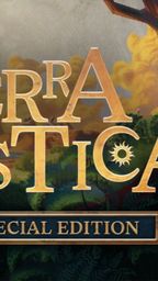 The image features the title "TERRA MYSTICA" prominently displayed in a stylized font, with the words "NEW SPECIAL EDITION" beneath it. The background showcases a vibrant landscape with rolling hills and trees, rendered in warm colors, creating a fantastical atmosphere. A sun symbol is integrated into the design, adding to the thematic elements of the game.