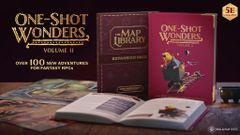 A collection of tabletop RPG materials is displayed, featuring two prominent books: "One-Shot Wonders Volume II" in a bright pink cover with a whimsical illustration of a chicken in a cart, and "The Map Library Expansion Pack" with a dark cover. An open book reveals detailed text and illustrations, while colorful battle maps are partially visible beneath the books. The text "OVER 100 NEW ADVENTURES FOR FANTASY RPGs" is prominently featured above the books.