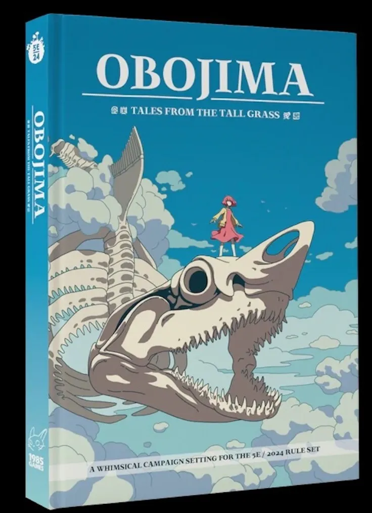 Book cover for "Obojima: Tales from the Tall Grass." A large, light gray skeletal fish head with sharp teeth and an open mouth dominates the lower half of the cover. A young girl with red hair, wearing a pink dress, stands on the fish's upper jaw, looking towards the right. The background is a bright blue sky with fluffy white clouds. The title "OBOJIMA" is prominently displayed in white text at the top, with the subtitle "Tales from the Tall Grass" in smaller white text below it. Additional text in a different script appears next to the subtitle. The spine of the book on the left side also displays the title "OBOJIMA" vertically in white text.