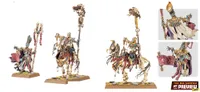 A skeletal figure mounted on a horse, adorned with ancient armor and vibrant decorative elements, holds a staff topped with a bird skull. The horse features a similarly skeletal appearance, with flowing mane and tail, and is draped in tattered cloth. Accompanying details include a close-up of the figure's ornate headdress and a banner displaying arcane symbols, emphasizing the character's role as a Royal Herald in the undead army.
