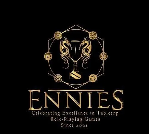 Gold ENNIES logo with trophy, dragons, dice, and text "ENNIES Celebrating Excellence in Tabletop Role-Playing Games Since 2001"